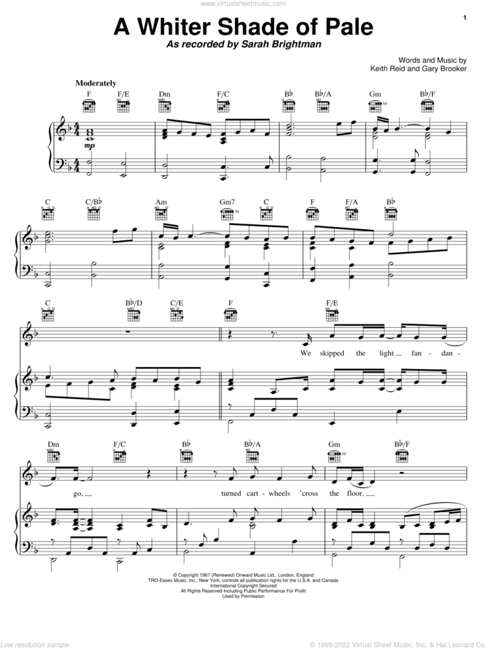 A Whiter Shade Of Pale sheet music for voice, piano or guitar by Sarah Brightman, Annie Lennox, Procol Harum, Gary Brooker and Keith Reid, wedding score, intermediate skill level