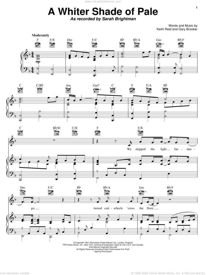 A Whiter Shade Of Pale sheet music for voice, piano or guitar by Sarah Brightman, Annie Lennox, Procol Harum, Gary Brooker and Keith Reid, wedding score, intermediate skill level