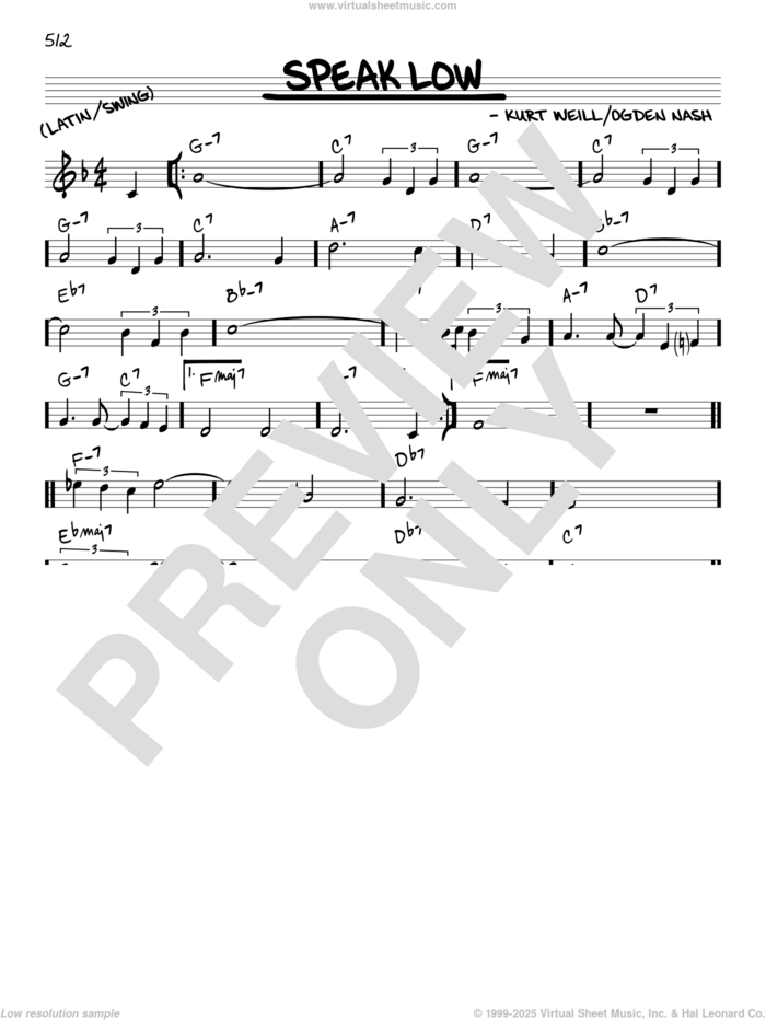 Speak Low sheet music for voice and other instruments (in C) by Kurt Weill and Ogden Nash, intermediate skill level