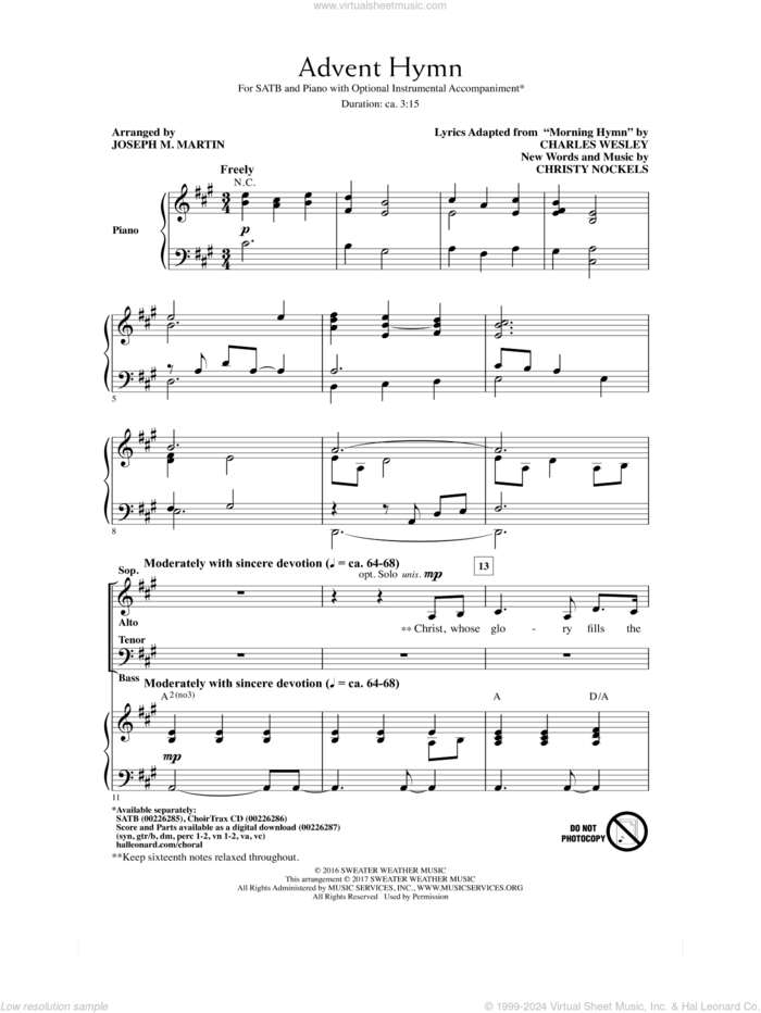 Advent Hymn sheet music for choir (SATB: soprano, alto, tenor, bass) by Charles Wesley, Joseph M. Martin and Christy Nockels, intermediate skill level