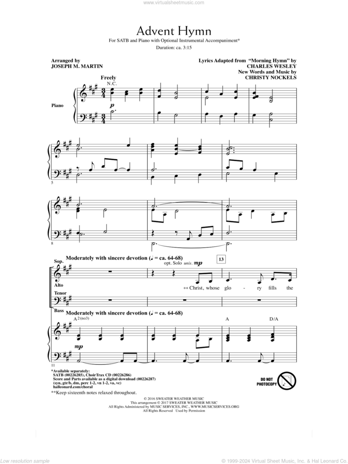 Advent Hymn sheet music for choir (SATB: soprano, alto, tenor, bass) by Charles Wesley, Joseph M. Martin and Christy Nockels, intermediate skill level