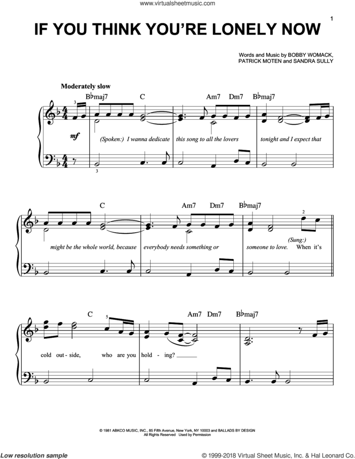 If You Think You're Lonely Now sheet music for piano solo by Bobby Womack, Patrick Moten and Sandra Sully, beginner skill level
