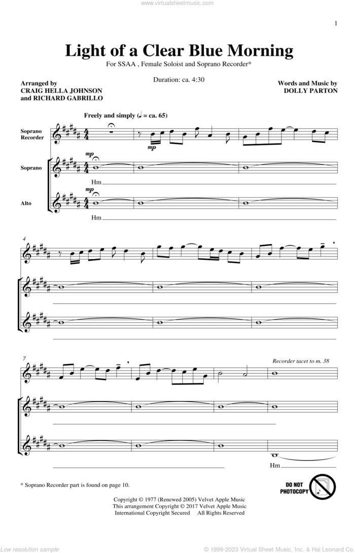 Light Of A Clear Blue Morning sheet music for choir (SSA: soprano, alto) by Dolly Parton, Craig Hella Johnson and Richard Gabrillo, intermediate skill level
