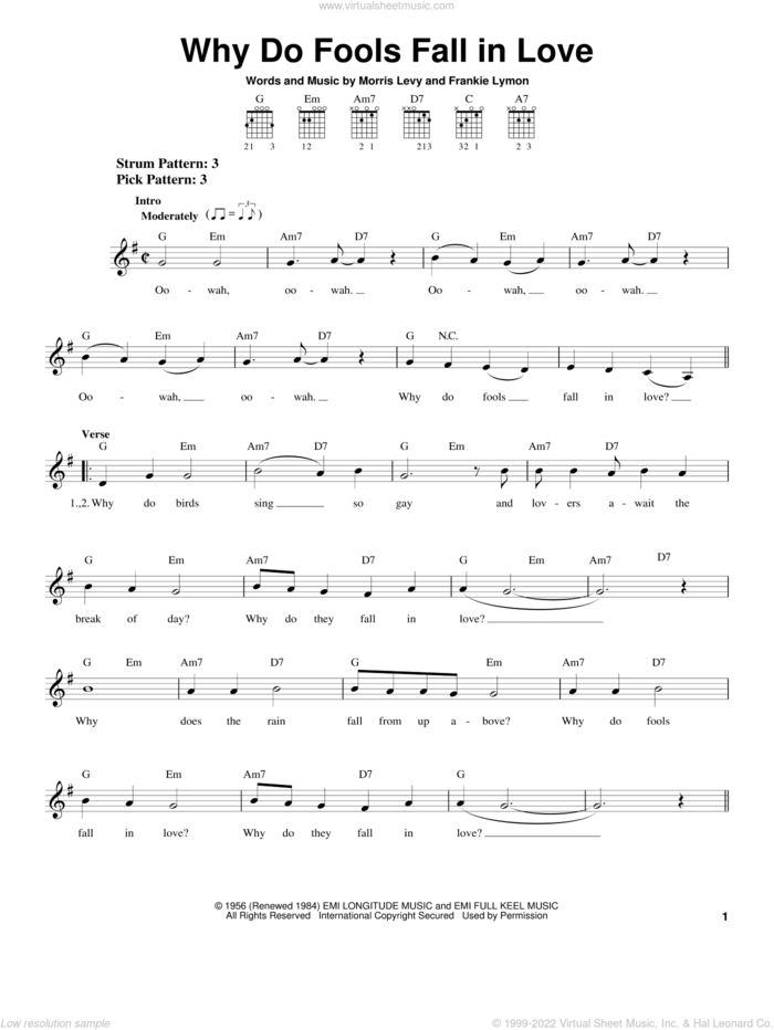Why Do Fools Fall In Love sheet music for guitar solo (chords) by Frankie Lymon & The Teenagers, Frankie Lymon and Morris Levy, easy guitar (chords)
