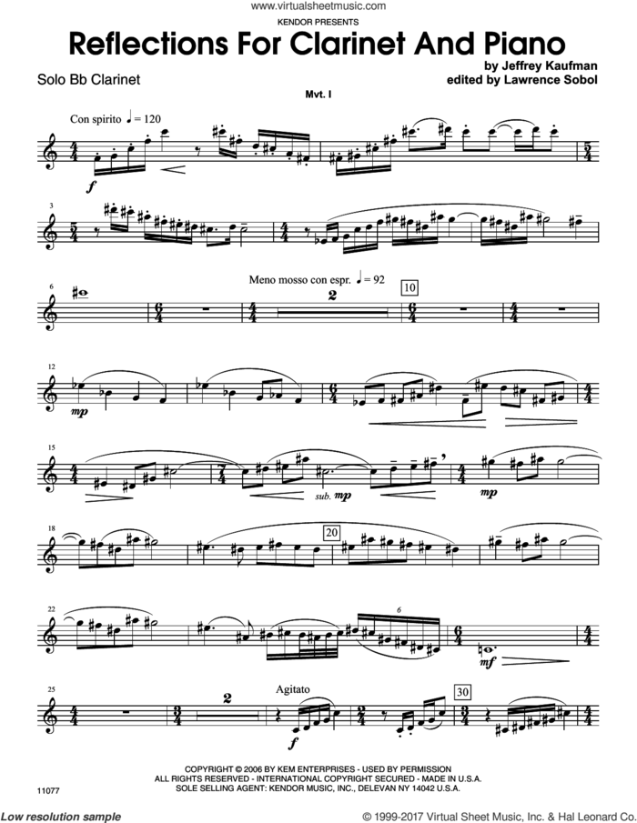 Reflections For Clarinet And Piano (complete set of parts) sheet music for clarinet and piano by Jeffrey Kaufman and ed. Lawrence Sobol, classical score, intermediate skill level