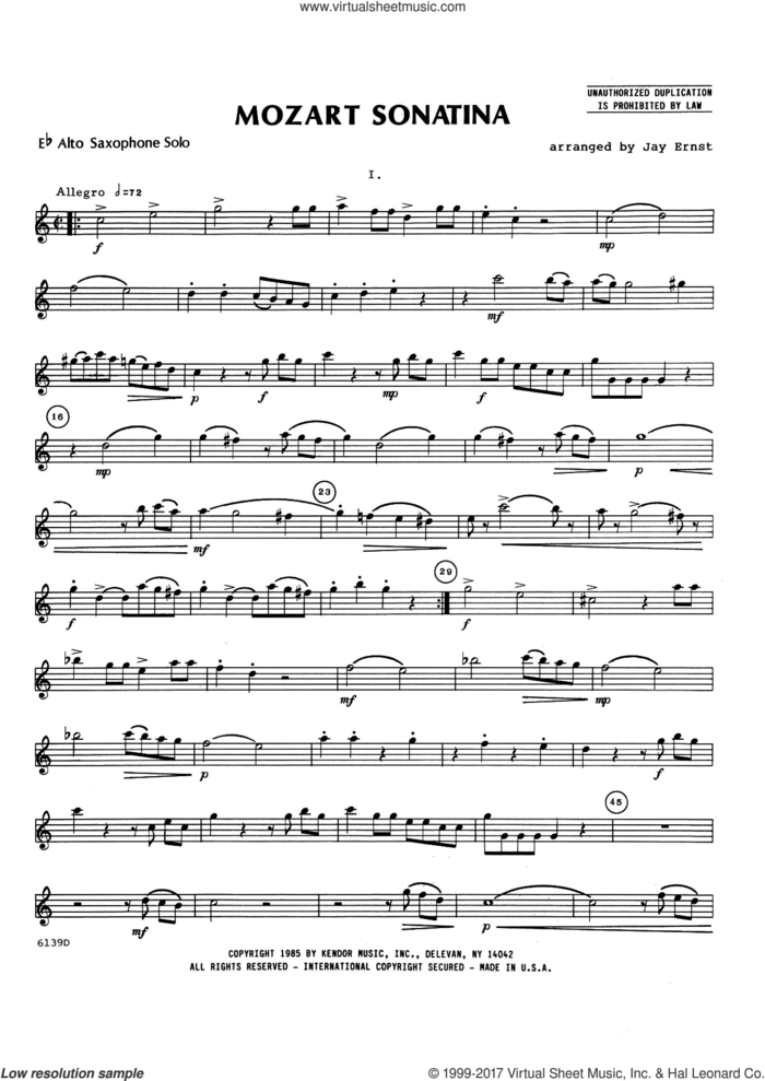 Mozart Sonatina (K. 439B) (complete set of parts) sheet music for alto saxophone and piano by Wolfgang Amadeus Mozart and Jay Ernst, classical score, intermediate skill level