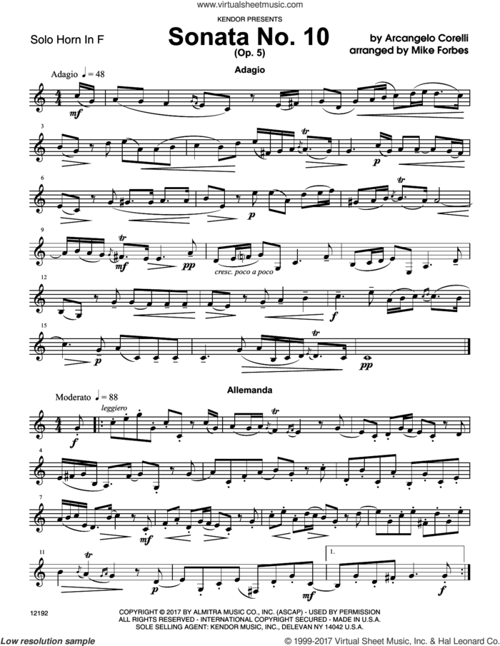 Sonata No. 10 (Op. 5) (complete set of parts) sheet music for horn and piano by Arcangelo Corelli and Michael Forbes, classical score, intermediate skill level