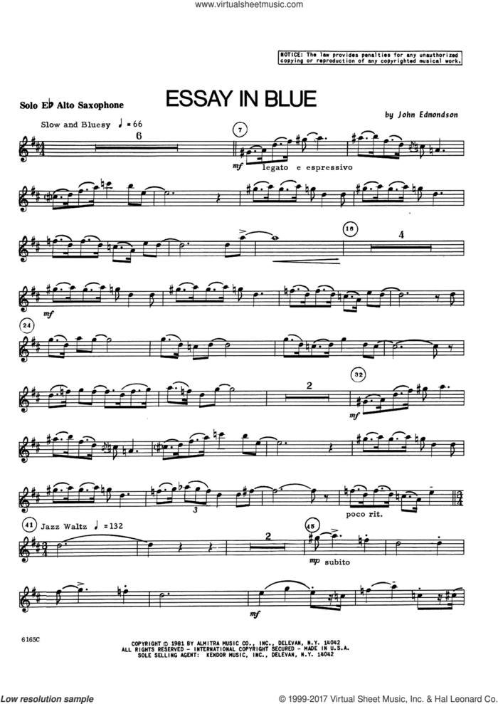 Essay In Blue (complete set of parts) sheet music for alto saxophone and piano by John Edmondson, intermediate skill level