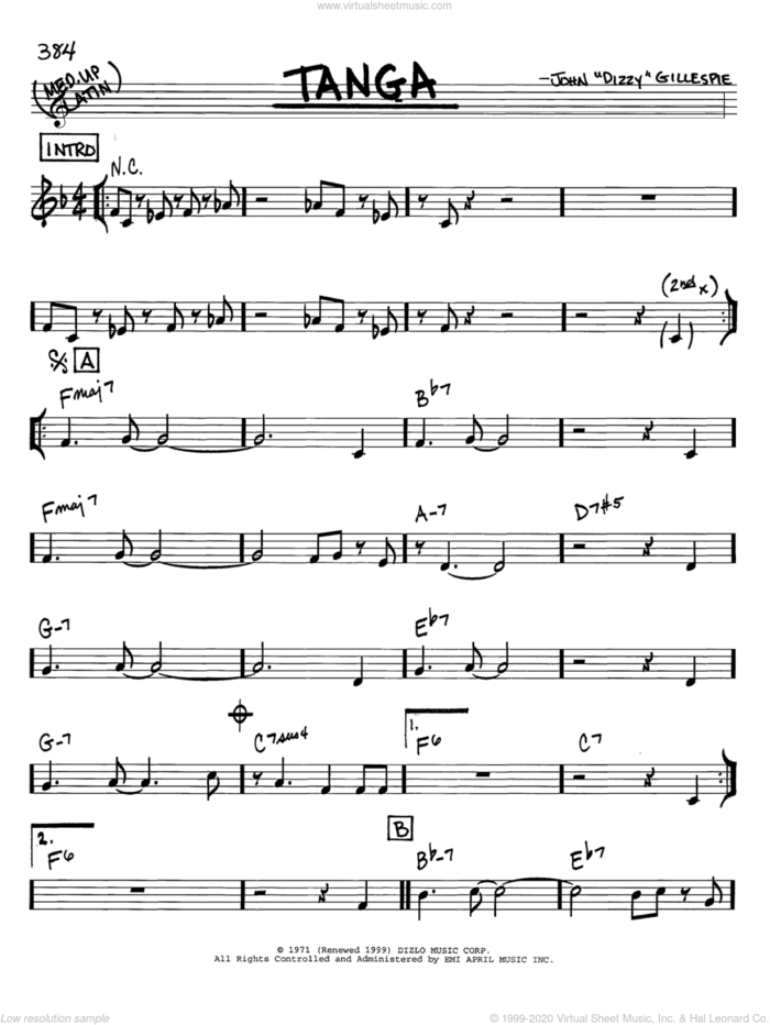 Tanga sheet music for voice and other instruments (in C) by Dizzy Gillespie, intermediate skill level