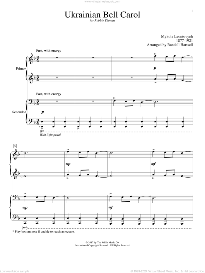 Ukrainian Bell Carol sheet music for piano four hands by Randall Hartsell, Miscellaneous and Mykola Leontovych, intermediate skill level