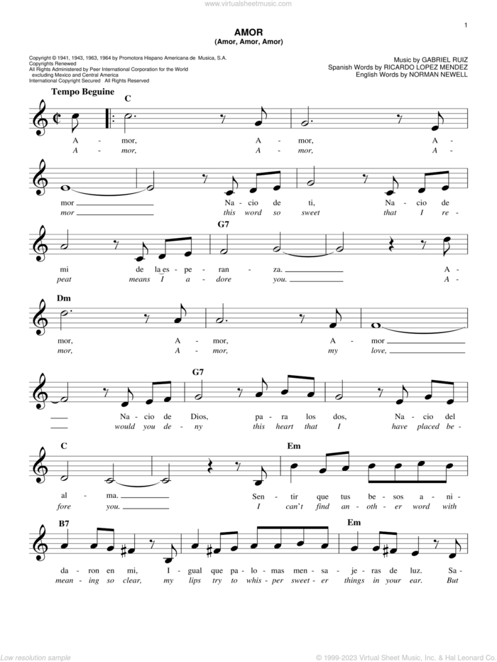 Amor (Amor, Amor, Amor) sheet music for voice and other instruments (fake book) by Ben E. King, Gabriel Ruiz, Norman Newell and Ricardo Lopez Mendez, easy skill level