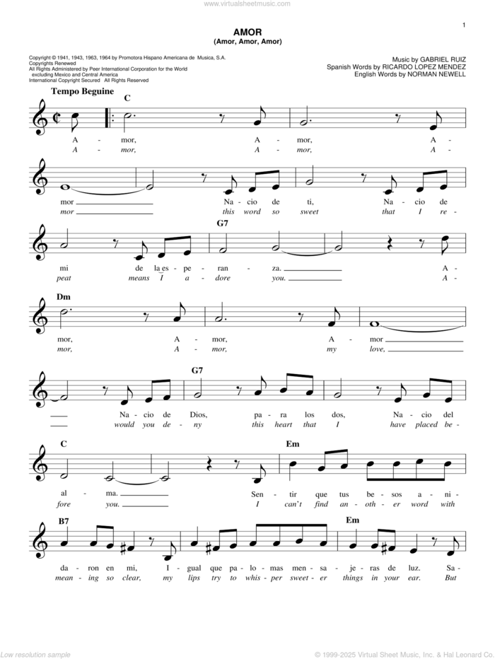 Amor (Amor, Amor, Amor) sheet music for voice and other instruments (fake book) by Ben E. King, Gabriel Ruiz, Norman Newell and Ricardo Lopez Mendez, easy skill level