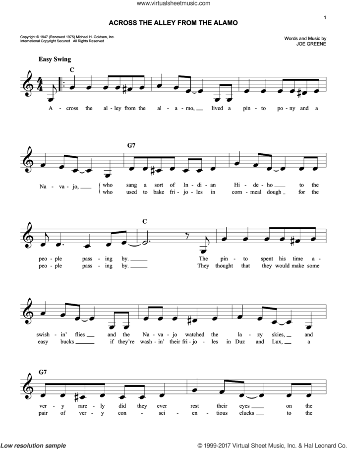 Across The Alley From The Alamo sheet music for voice and other instruments (fake book) by Joe Greene, easy skill level