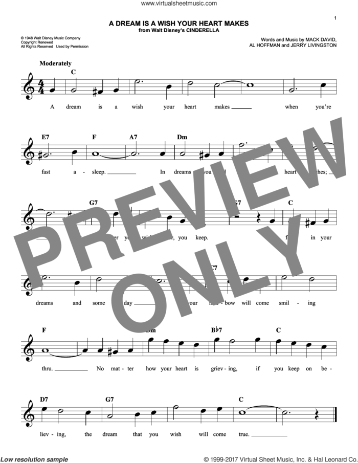 A Dream Is A Wish Your Heart Makes (from Cinderella) sheet music for voice and other instruments (fake book) by Ilene Woods, Linda Ronstadt, Al Hoffman, Jerry Livingston and Mack David, wedding score, easy skill level