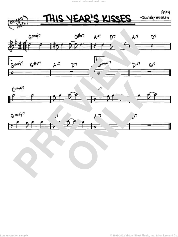 This Year's Kisses sheet music for voice and other instruments (in C) by Irving Berlin and Billie Holiday, intermediate skill level