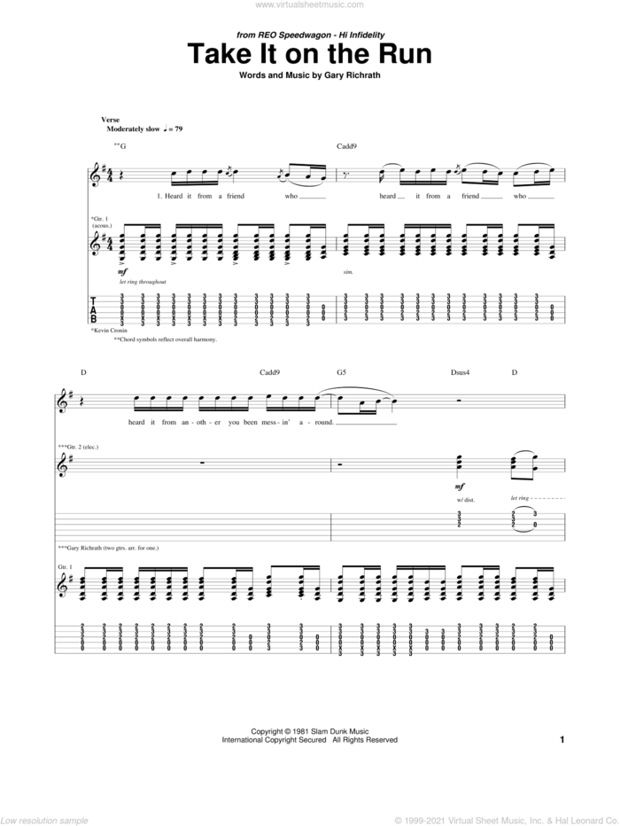 Take It On The Run sheet music for guitar (tablature) by REO Speedwagon and Gary Richrath, intermediate skill level