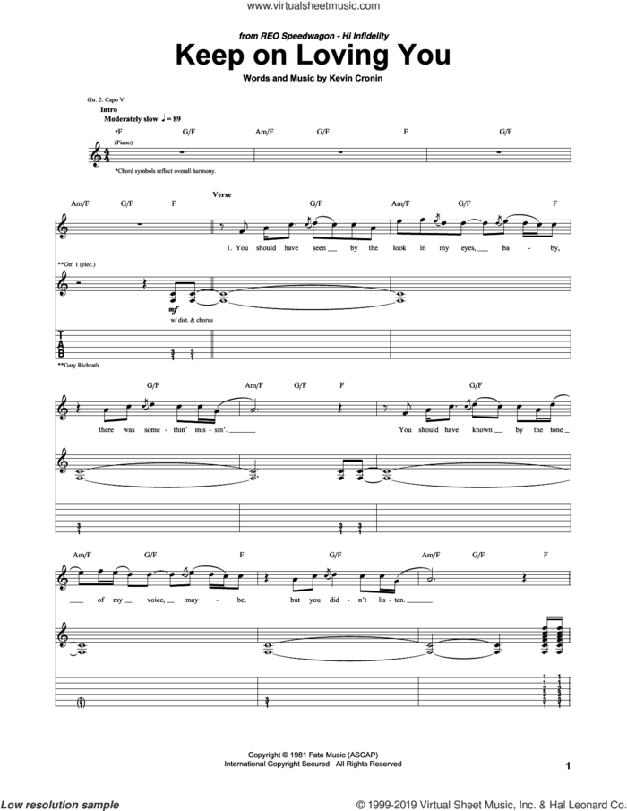 Keep On Loving You sheet music for guitar (tablature) by REO Speedwagon and Kevin Cronin, intermediate skill level