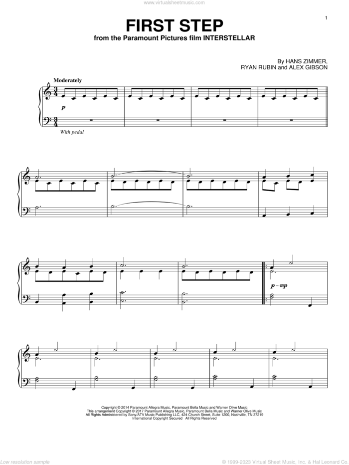 First Step (from Interstellar) sheet music for piano solo by Hans Zimmer, intermediate skill level