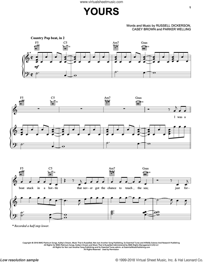 Yours sheet music for voice, piano or guitar by Russell Dickerson, Casey Brown and Parker Welling, intermediate skill level