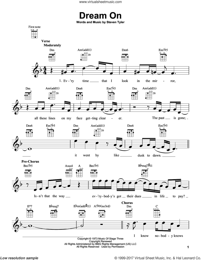 Dream On sheet music for ukulele by Aerosmith and Steven Tyler, intermediate skill level
