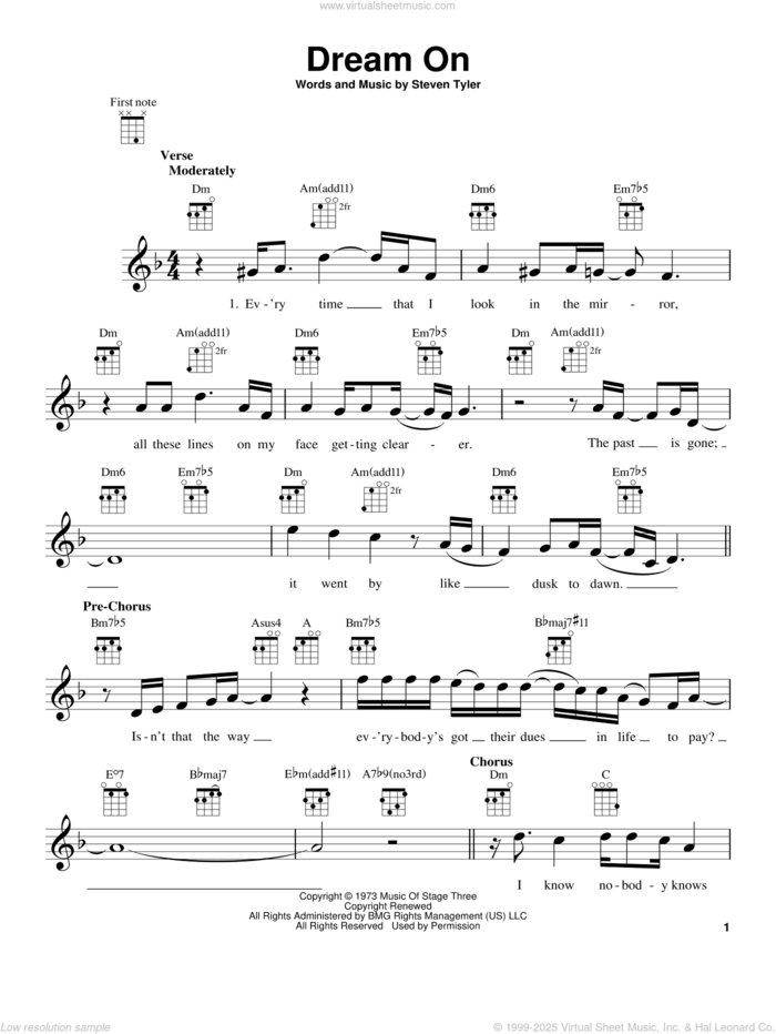 Dream On sheet music for ukulele by Aerosmith and Steven Tyler, intermediate skill level