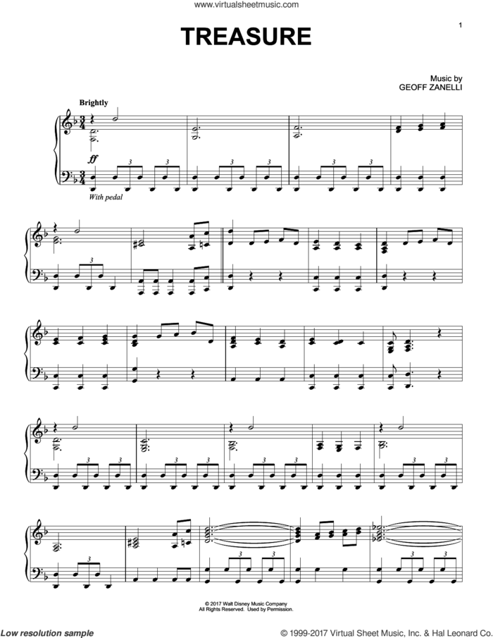 Treasure sheet music for piano solo by Geoff Zanelli, intermediate skill level