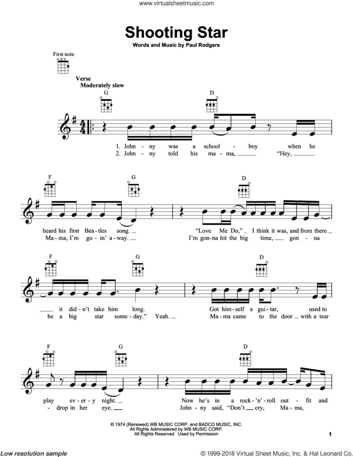 Shooting Star sheet music for ukulele by Bad Company and Paul Rodgers, intermediate skill level