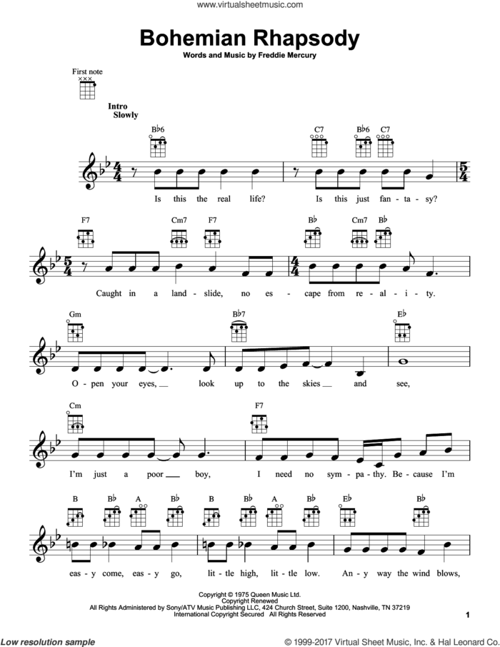 Bohemian Rhapsody (arr. Jake Shimabukuro) sheet music for ukulele by Queen and Freddie Mercury, intermediate skill level