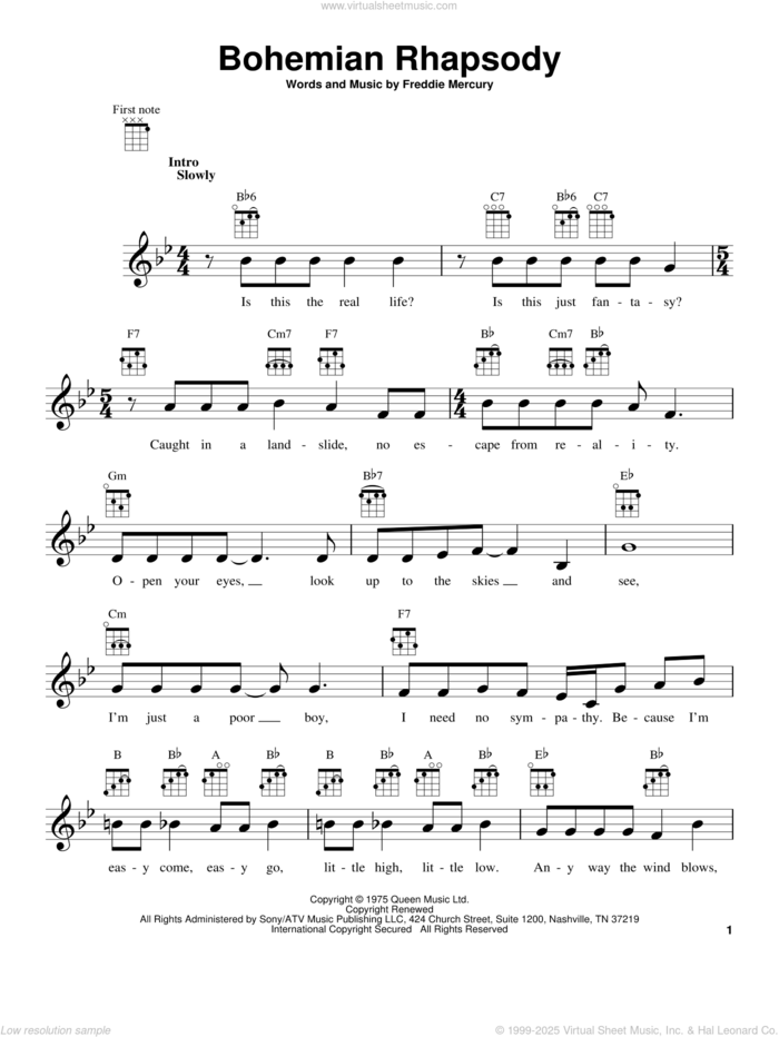 Bohemian Rhapsody (arr. Jake Shimabukuro) sheet music for ukulele by Queen and Freddie Mercury, intermediate skill level