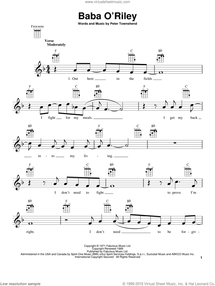 Baba O'Riley sheet music for ukulele by The Who and Pete Townshend, intermediate skill level