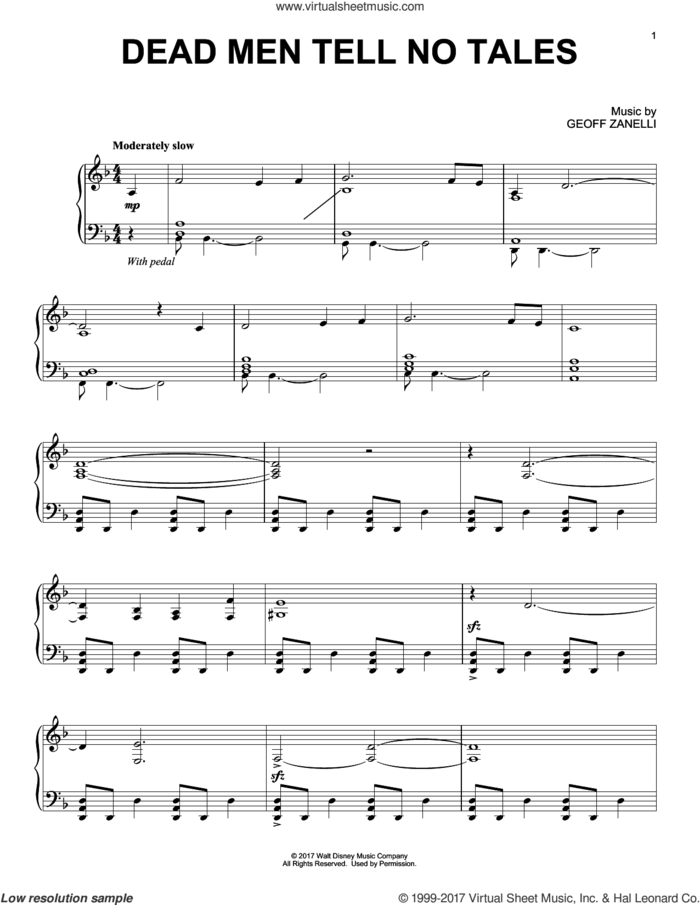 Dead Men Tell No Tales sheet music for piano solo by Geoff Zanelli, intermediate skill level