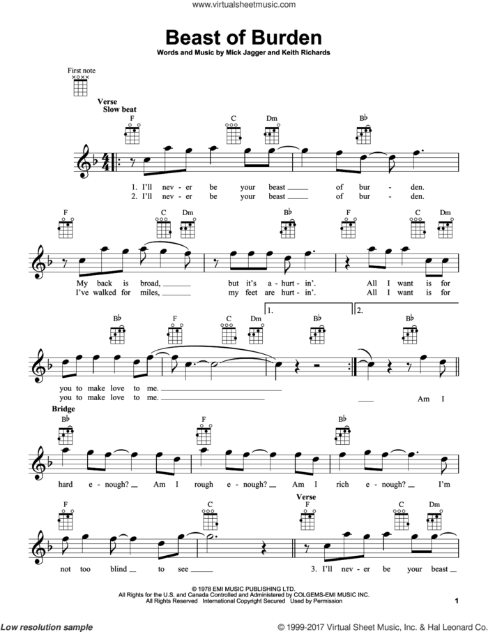 Beast Of Burden sheet music for ukulele by The Rolling Stones, Keith Richards and Mick Jagger, intermediate skill level