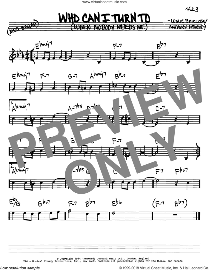 Who Can I Turn To (When Nobody Needs Me) sheet music for voice and other instruments (in C) by Tony Bennett, Anthony Newley and Leslie Bricusse, intermediate skill level