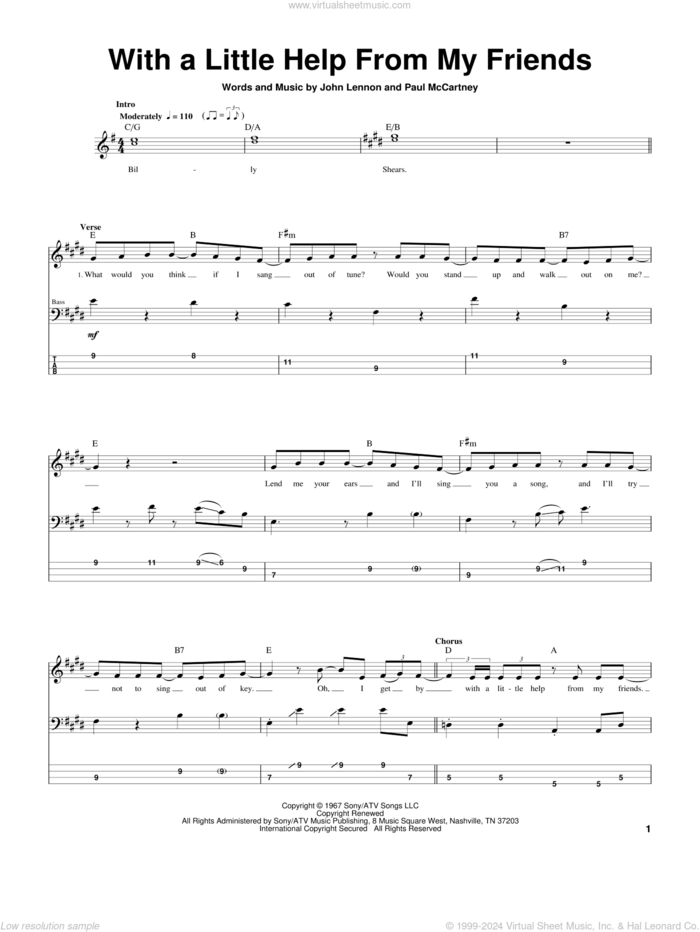 With A Little Help From My Friends sheet music for bass (tablature) (bass guitar) by The Beatles, Joe Cocker, John Lennon and Paul McCartney, intermediate skill level