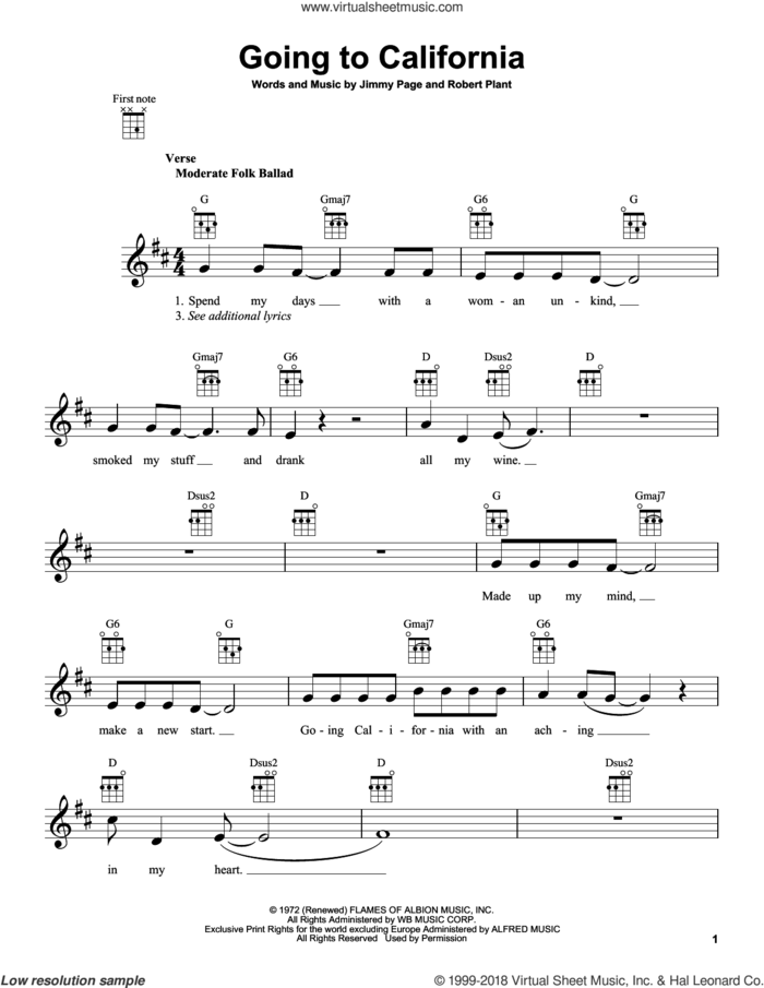 Going To California sheet music for ukulele by Led Zeppelin, Jimmy Page and Robert Plant, intermediate skill level