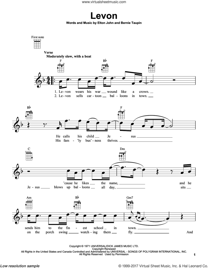 Levon sheet music for ukulele by Elton John and Bernie Taupin, intermediate skill level