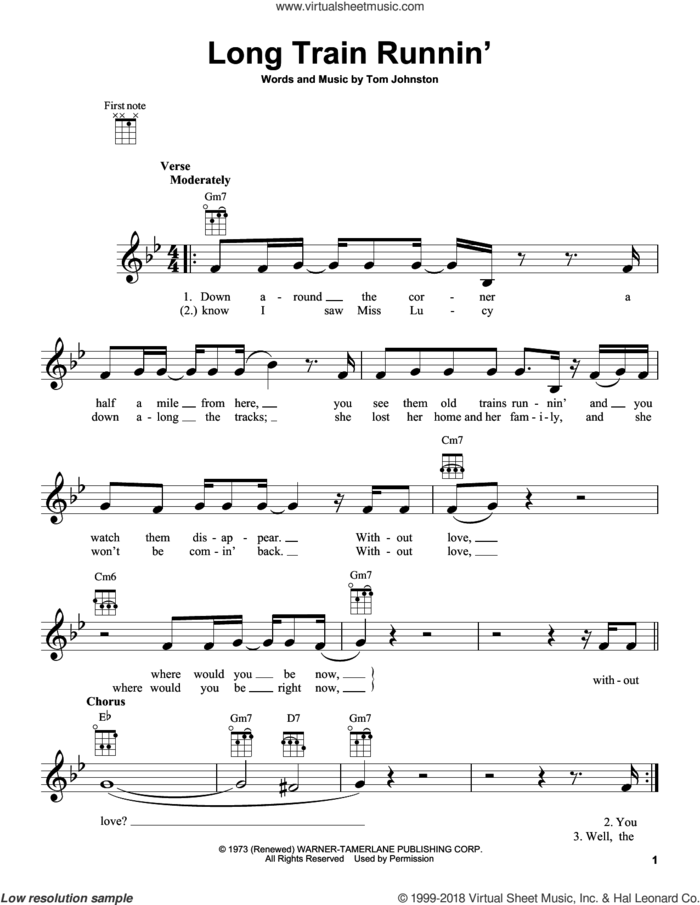 Long Train Runnin' sheet music for ukulele by The Doobie Brothers and Tom Johnston, intermediate skill level