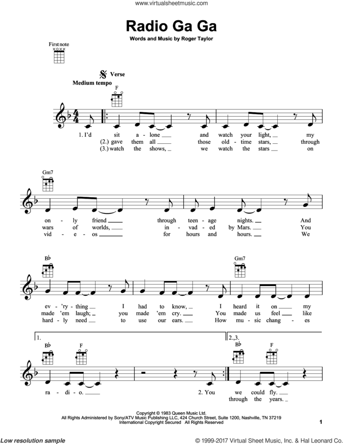Radio Ga Ga sheet music for ukulele by Queen and Roger Taylor, intermediate skill level