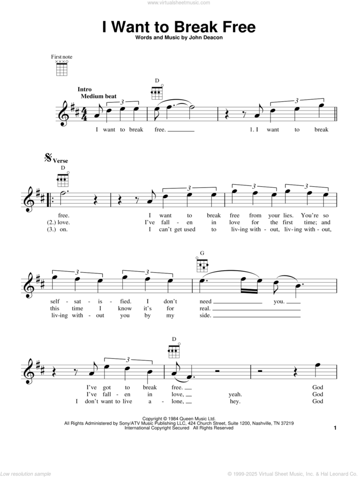 I Want To Break Free sheet music for ukulele by Queen and John Deacon, intermediate skill level