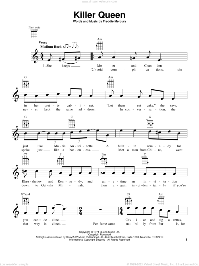 Killer Queen sheet music for ukulele by Queen and Freddie Mercury, intermediate skill level