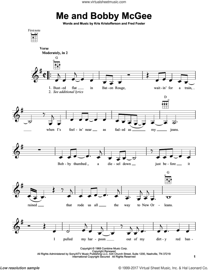 Me And Bobby McGee sheet music for ukulele by Janis Joplin, Roger Miller, Fred Foster and Kris Kristofferson, intermediate skill level