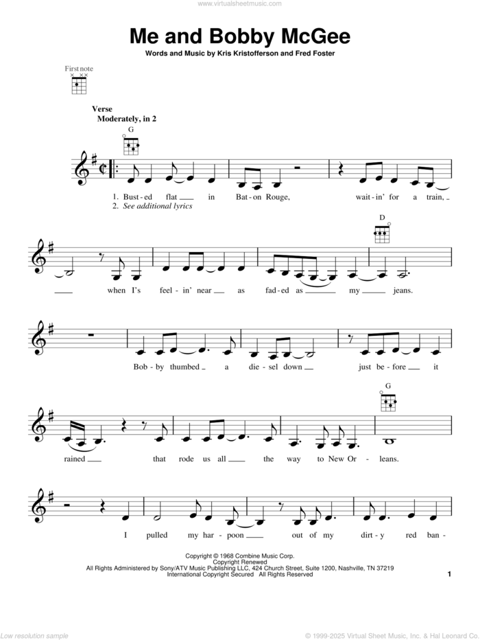 Me And Bobby McGee sheet music for ukulele by Janis Joplin, Roger Miller, Fred Foster and Kris Kristofferson, intermediate skill level