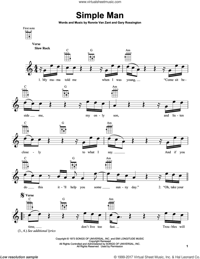 Simple Man sheet music for ukulele by Lynyrd Skynyrd, Gary Rossington and Ronnie Van Zant, intermediate skill level