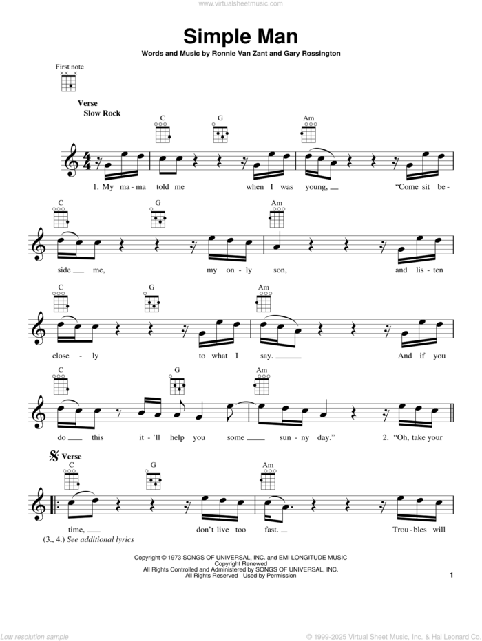 Simple Man sheet music for ukulele by Lynyrd Skynyrd, Gary Rossington and Ronnie Van Zant, intermediate skill level