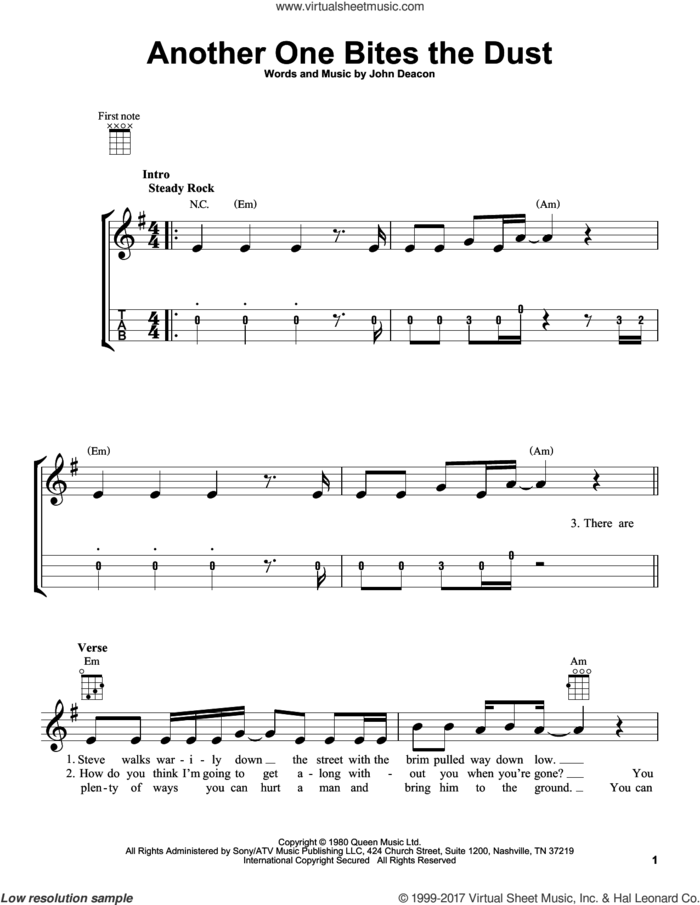 Another One Bites The Dust sheet music for ukulele by Queen and John Deacon, intermediate skill level