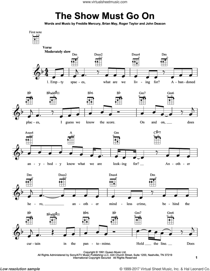 The Show Must Go On sheet music for ukulele by Queen, Brian May, Freddie Mercury, John Deacon and Roger Taylor, intermediate skill level