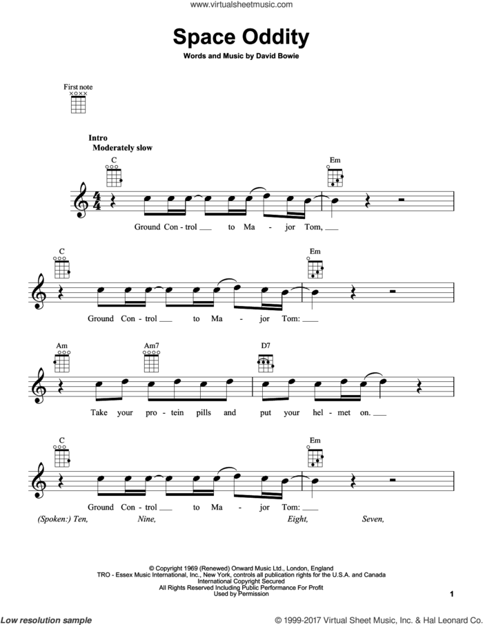 Space Oddity sheet music for ukulele by David Bowie, intermediate skill level