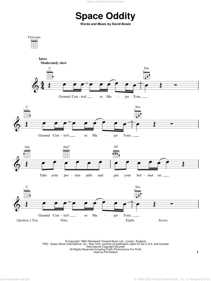 Space Oddity sheet music for ukulele by David Bowie, intermediate skill level