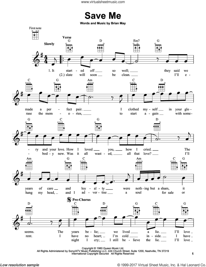 Save Me sheet music for ukulele by Queen and Brian May, intermediate skill level