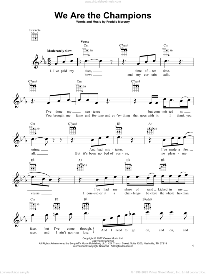 We Are The Champions sheet music for ukulele by Queen and Freddie Mercury, intermediate skill level